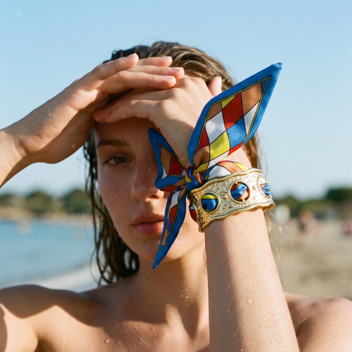 QIAOREN 11007 Colorful Geometric Scarf Bracelet Gold Stainless Steel Wide Cuff Adjustable Summer Beach Jewelry