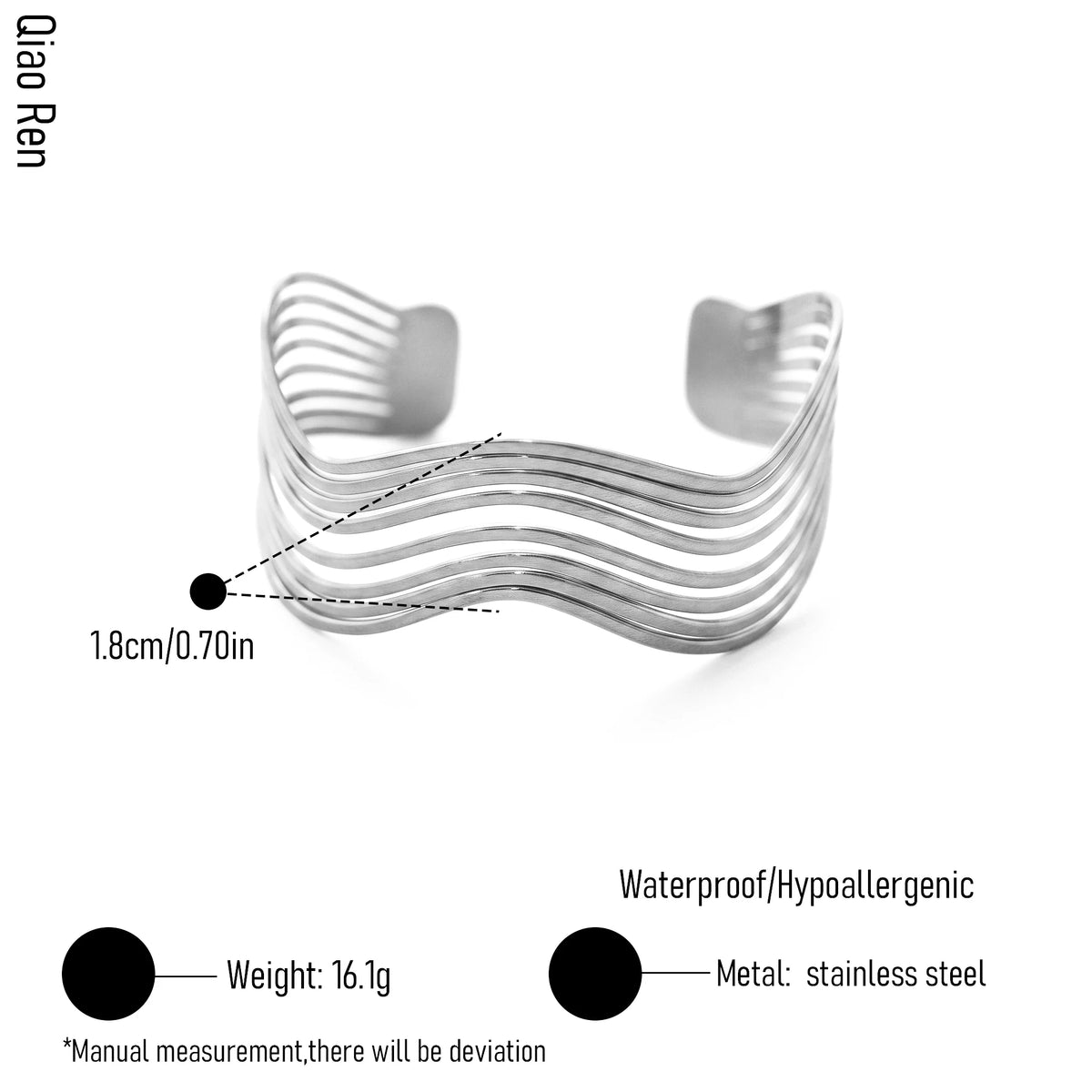 QIAOREN 14112 Stainless Steel Wave Open Cuff Bracelet Gold Minimalist Layered Waterproof Jewelry OEM ODM