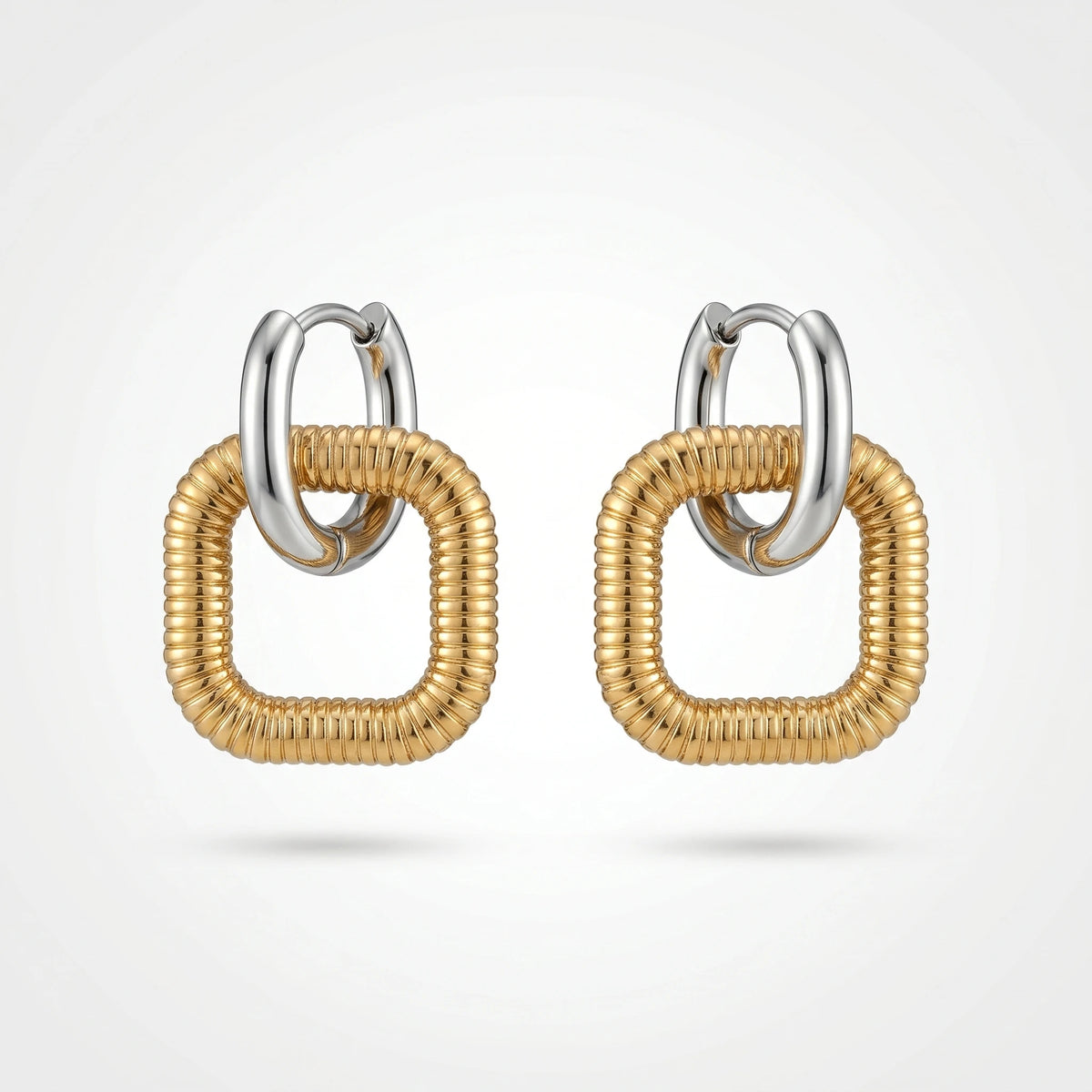 QIAOREN 12758 Waterproof Bi-Color Coiled Square Dangle Earrings Stainless Steel Gold Hoop Silver Textured Drop Ear Accessory