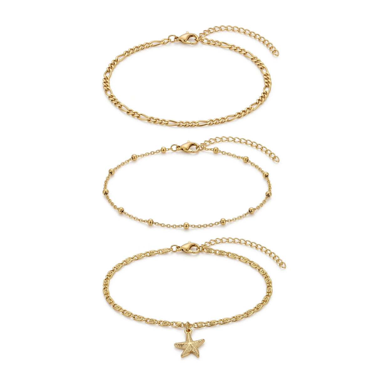 QIAOREN 11517 Summer Beach Starfish Layered Anklet Set Stainless Steel Waterproof Vacation Foot Jewelry