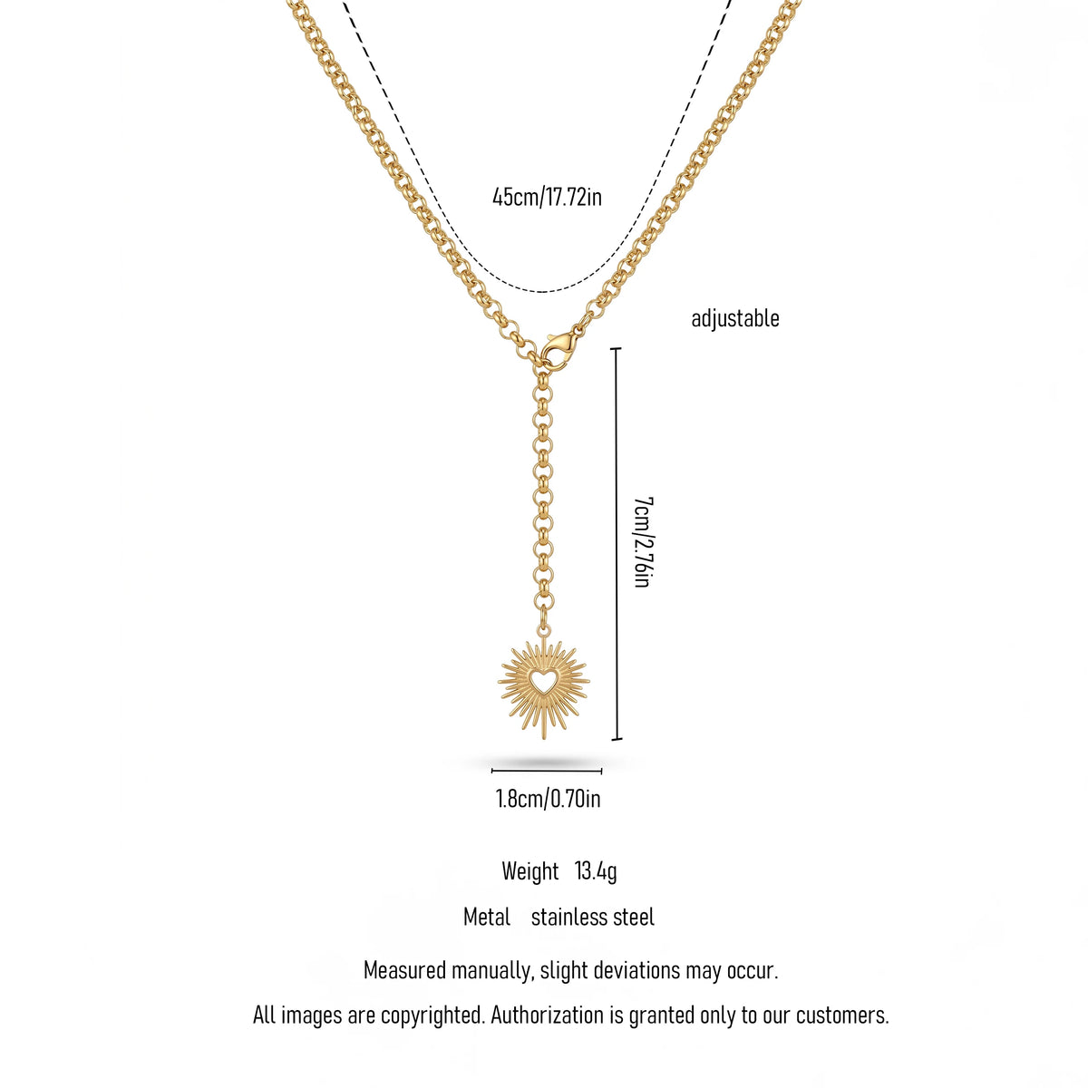 QIAOREN 11801 18K Gold Plated Stainless Steel Anti-Tarnish Sunburst Heart Lariat Y-Necklace Adjustable Dainty Pendant for Women