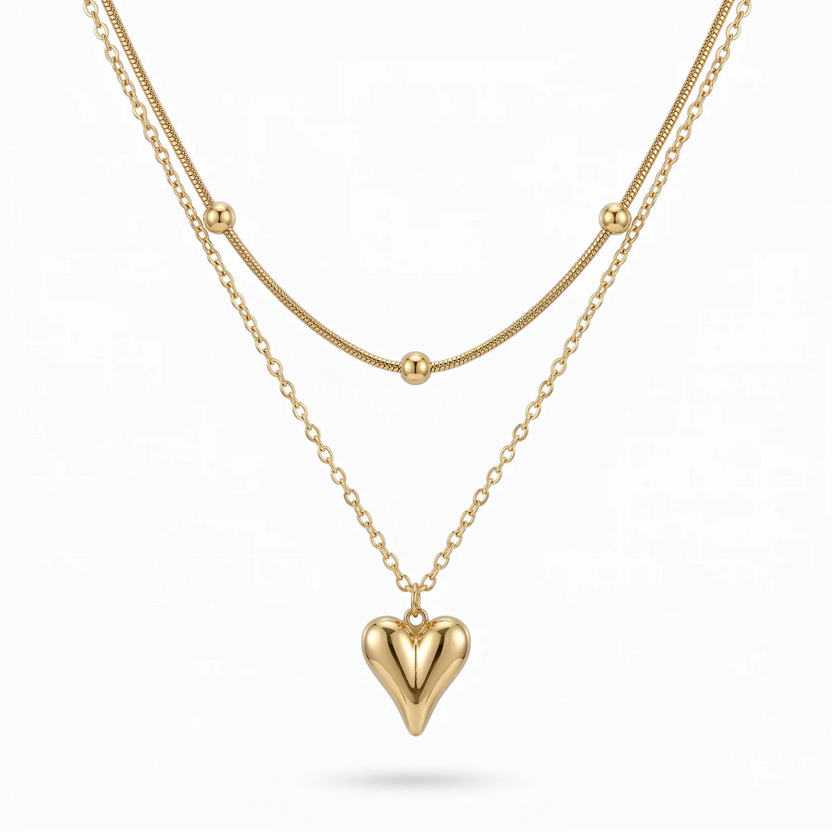 QIAOREN 11283 18K Gold Plated Layered Snake Chain Heart Pendant Necklace Stainless Steel Tarnish Free Waterproof Jewelry