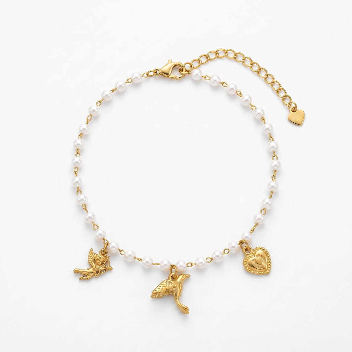 QIAOREN 13322 Tiny Pearl Anklet with Swim Ring, Flower & Lollipop Charms, Sweet Foot Jewelry Gift for Summer Casual Vibe