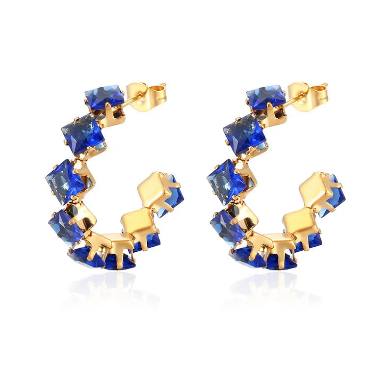 QIAOREN 12208-16  Gold Plated Stainless Steel Rainbow Square CZ Huggie Hoop Earrings