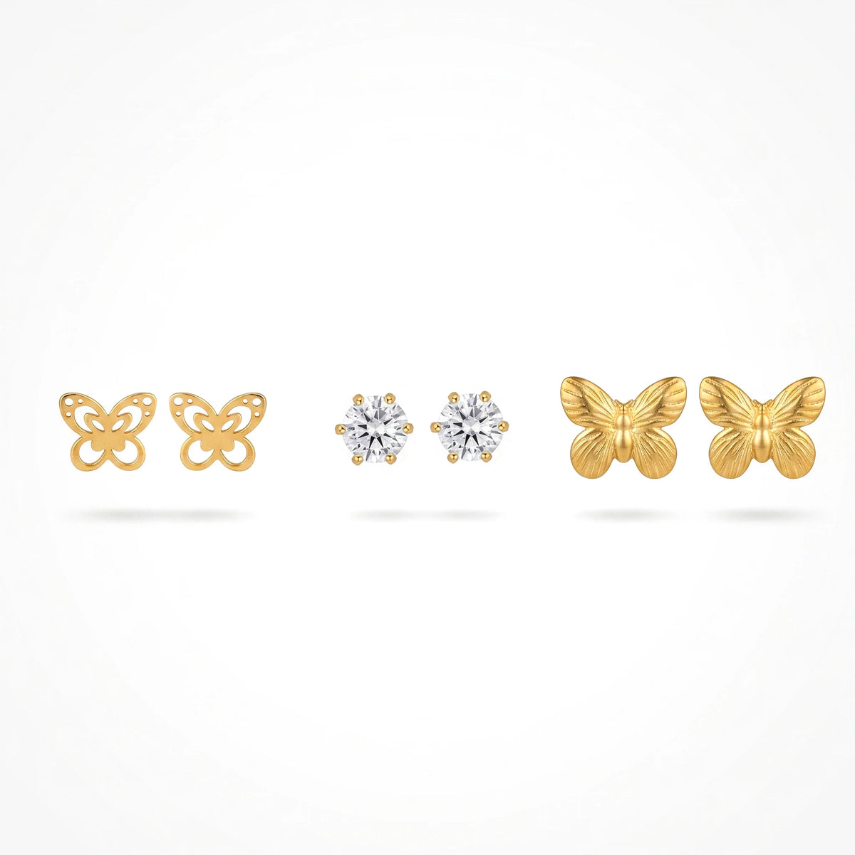QIAOREN 13252 3 PCS Set 18K Gold Plated Stainless Steel Butterfly & CZ Stud Earrings Set Hollow Solid Butterfly Round Zircon