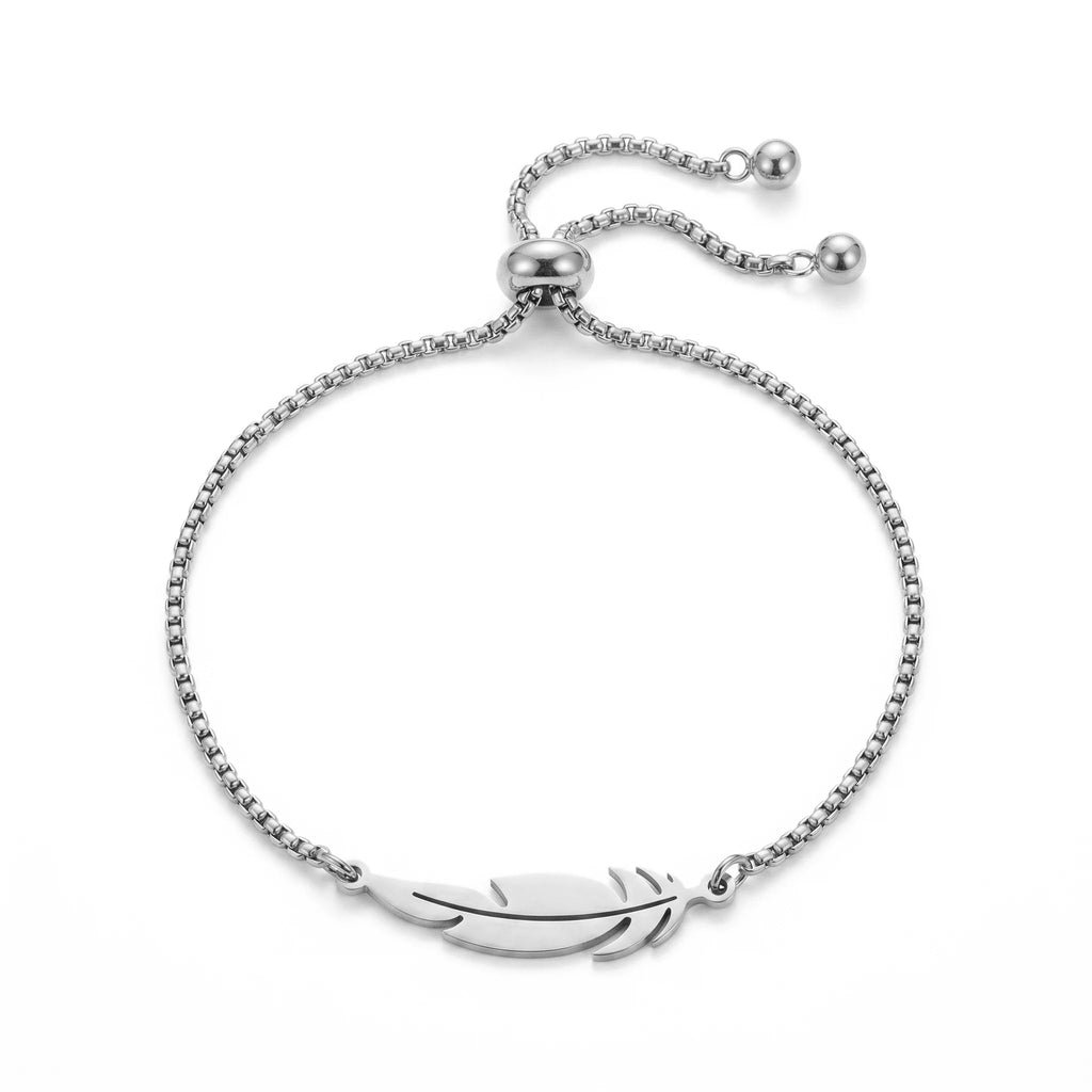 QIAOREN 11087 Minimalist Feather Charm Bracelet Stainless Steel Waterproof Adjustable Gold Bracelet for Women Fashion Jewelry