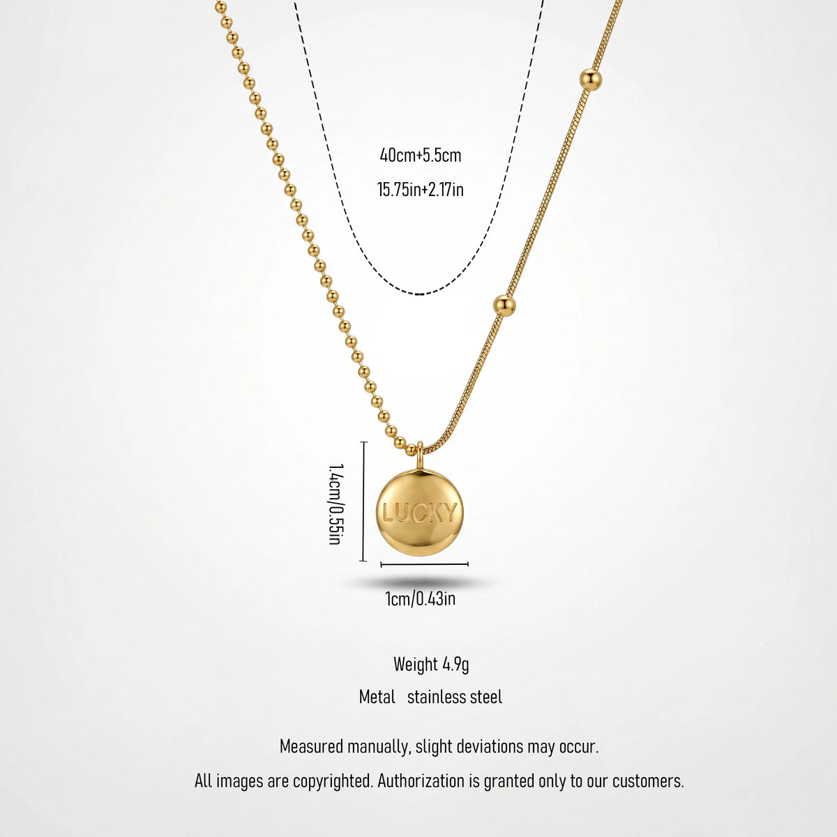 QIAOREN 13760 Asymmetric Dual Link Chain Pendant Necklace with Engraved LUCKY Round Disc Charm, Mixed Ball Bead & Snake Jewelry