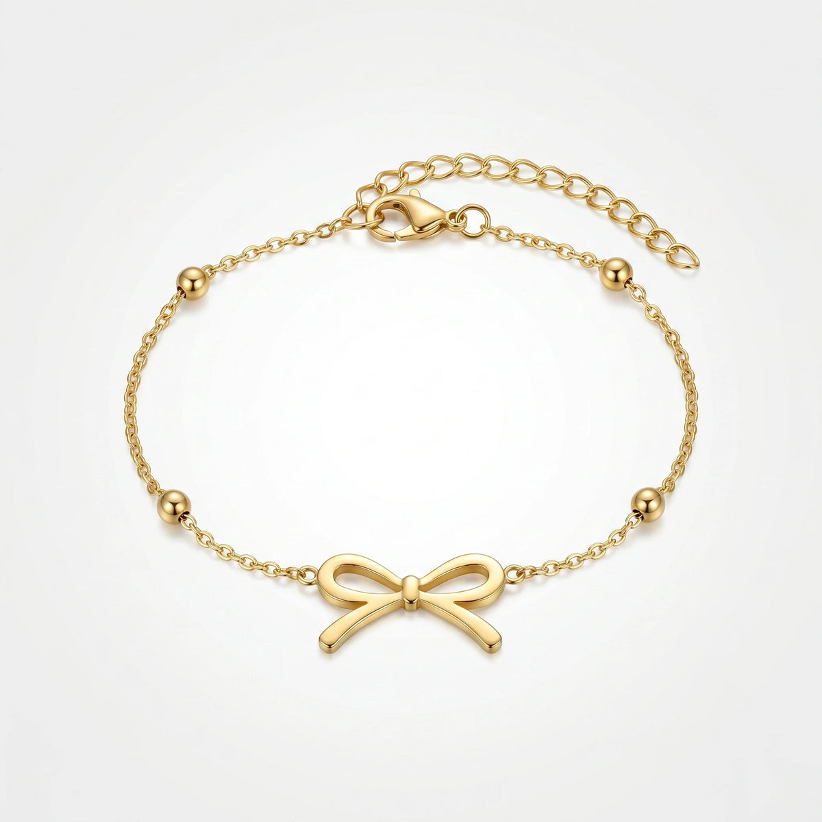 QIAOREN 11418 18K Gold Plated Bow Charm Bracelet With Ball Beads Stainless Steel Tarnish Free Waterproof Jewelry