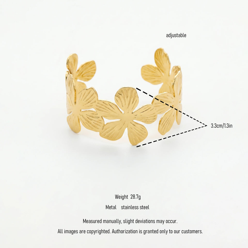 QIAOREN 12728 Vintage Interconnected Veined Quadrifoliate Floral Wide Cuff Bangle Hypoallergenic Stainless Steel Gold Bracelet